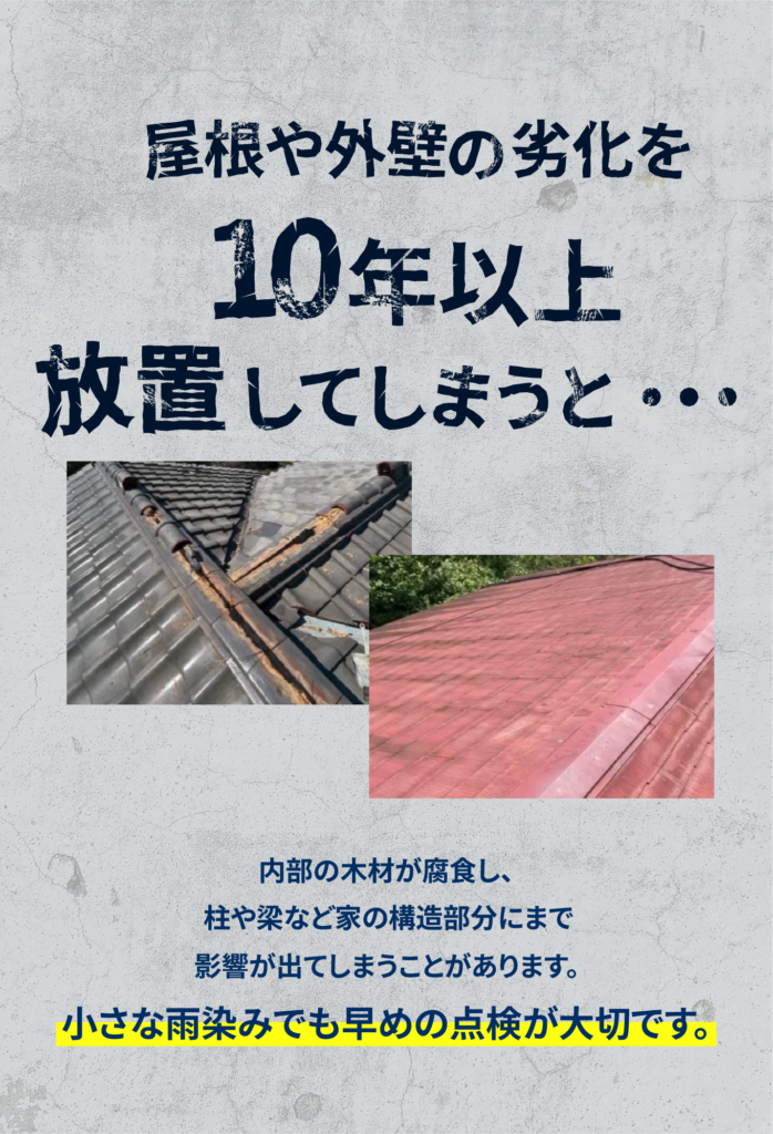 屋根や外壁の劣化を１０年以上放置してしまうと。